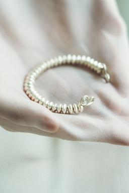 Handmade silver beads open bangle with spiral endings (B0097)